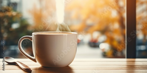 White Coffee Cup With Spoon With Cafe Background