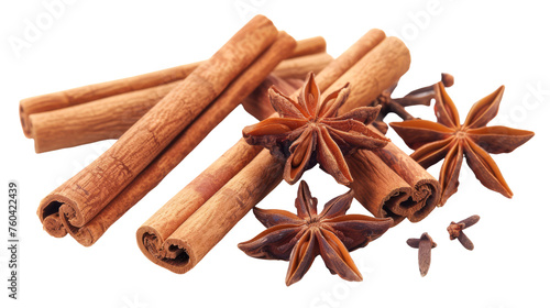 An aromatic array of cinnamon sticks, star anise, and cloves on a white background, capturing the essence of spices.