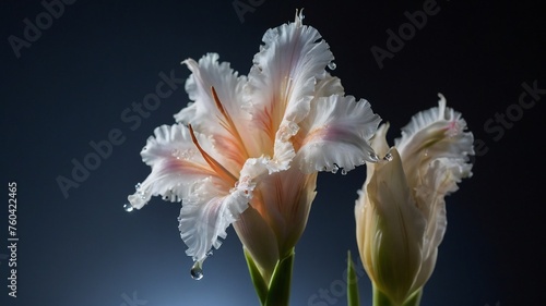 Close-Up Macro View of White Gladiolus Flowers Capture Ethereal Blurry Background