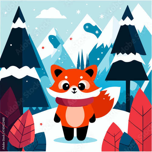 A cute little squirrel scurries through the snow-covered forest, its bushy tail twitching.