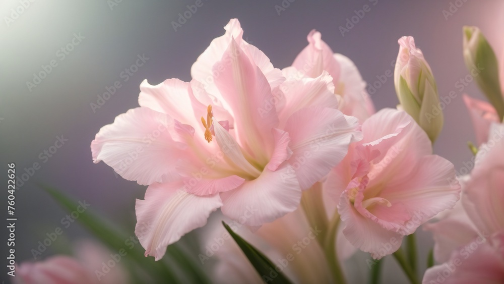 Close-Up Macro View of Gladiolus Pink Flowers Capture in the Garden and Ethereal Blurry Background