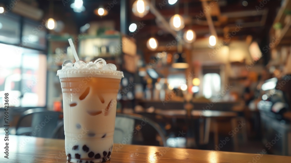 milk tea with bubbles, blurry coffee house ambiente, copy space, 16:9