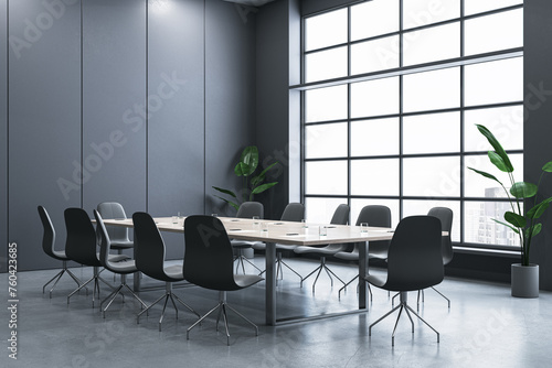 Bright meeting room interior with window and city view. 3D Rendering.