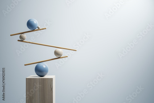 Valokuva Minimalist 3D composition of balancing spheres on wooden beams