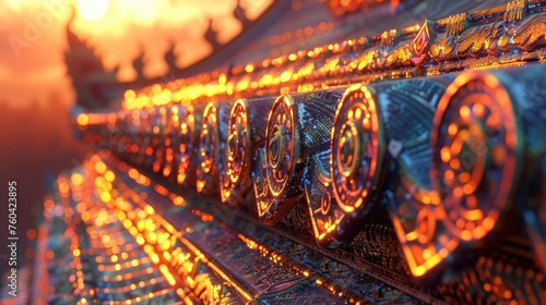 Ancient Chinese Dragon Scroll Illuminated by Warm Orange Light and Intricate Neon Patterns photo