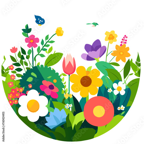 The lush garden is a sanctuary of vibrant blooms and verdant foliage swaying gently in the breeze.