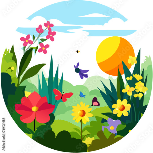 Green plants and trees thrive in a lush garden setting.