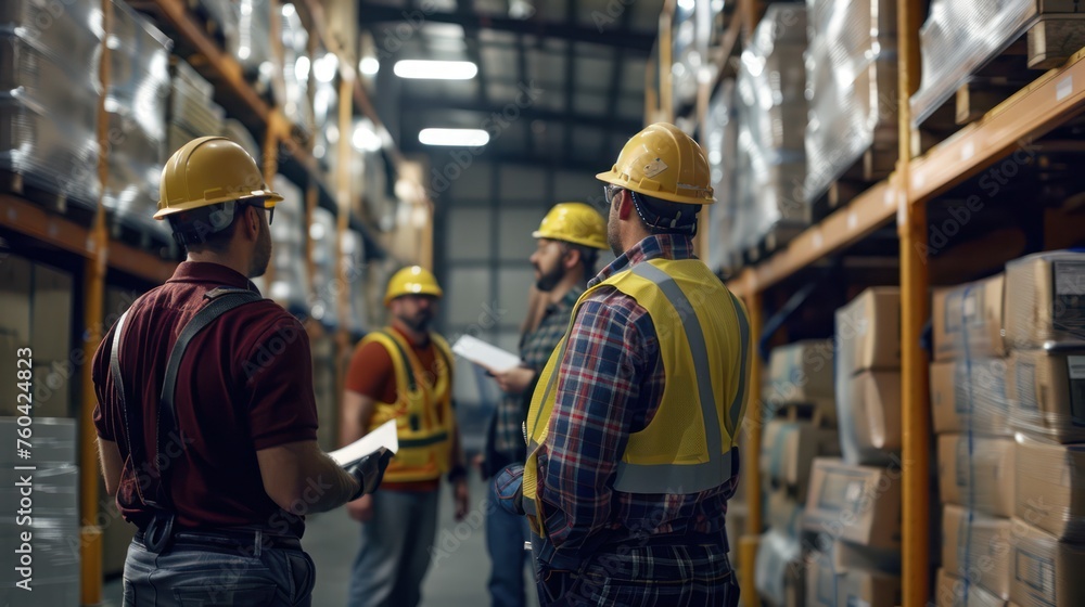 Create a realistic image of a group of warehouse workers engaged in safety training, wearing protective gear Create a realistic image of a group of warehouse workers engaged in safety training, wearing protective gear