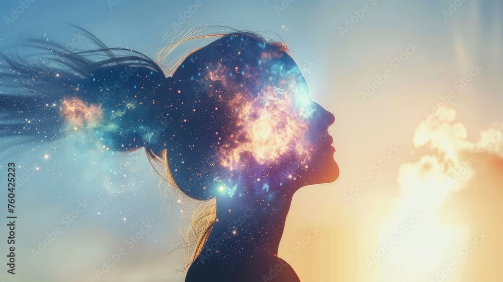 Woman developing her emotional intelligence. Concept exploring the mind, self-discovery, introspection, thinking process. Woman developing her emotional intelligence. Concept exploring the mind, self-discovery, introspection, thinking process.