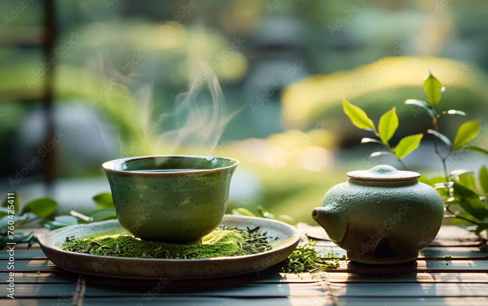 Japanese macha tea in a old ceramic cup neutral colors, minimalist and elegant image, zen japanese garden on background Japanese macha tea in a old ceramic cup neutral colors, minimalist and elegant image, zen japanese garden on background