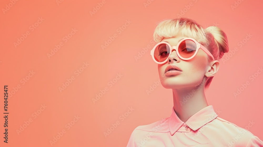fashion woman sunglasses lady girl trendy lifestyle young light pastel peach beautiful attractive on light pastel peach background.