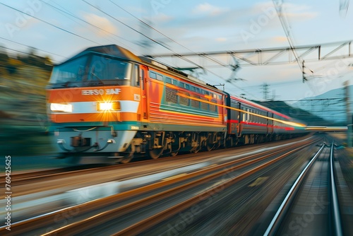 Blurred motion of a red train on railway tracks