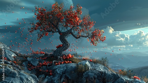Lone Tree Adorned with Falling Persimmons Tops Majestic Mountain in Fantasy Landscape