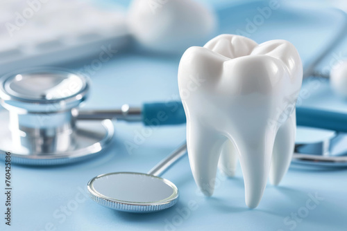A tooth with a stethoscope on a dentist's table symbolizes the importance of oral care, highlighting the connection between dental health and overall well-being.