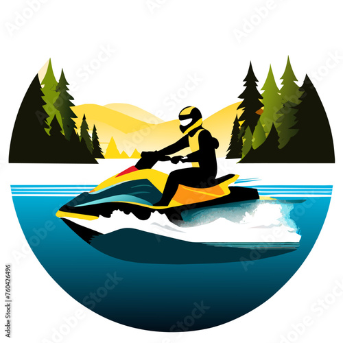 A jet skier enjoys the thrill of riding through the tranquil waters surrounded by picturesque natural beauty.