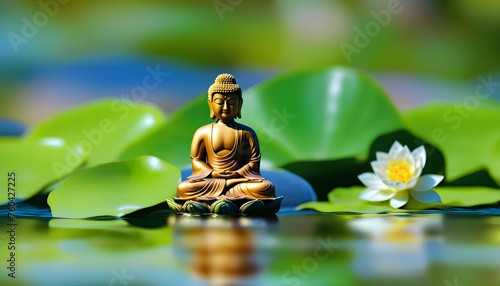 A Zen buddha statue surrounded by water and greenery