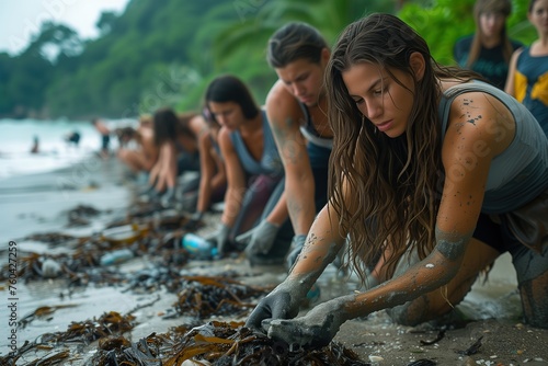 A young female volunteer intently removes waste from the beach, contributing to the environmental cleanup action with others