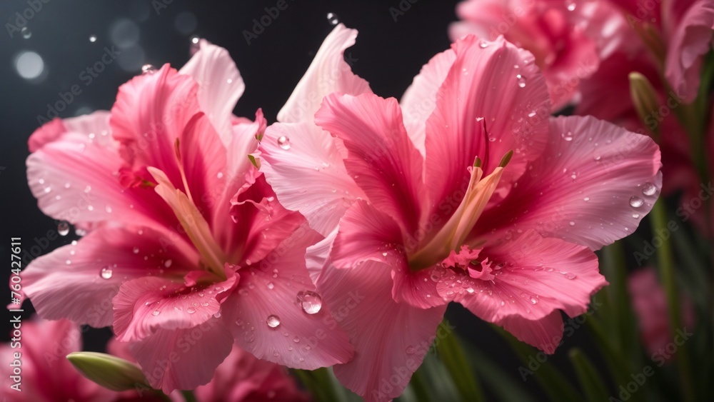 Close-Up Macro View of Gladiolus Pink Flowers Capture with Rain Shower and Ethereal Black Background Close-Up Macro View of Gladiolus Pink Flowers Capture with Rain Shower and Ethereal Black Background