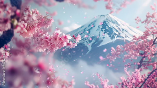 Travel Japan, Japanese cherry blossom flower pink Sakura flowers with Fuji mountain, Japan spring scenic. #760427658