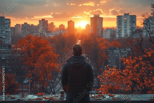 As the autumn sunset backlights his silhouette against the towering skyscrapers and city streets below  a man stands alone on a ledge  contemplating the vastness of the outdoor world before him