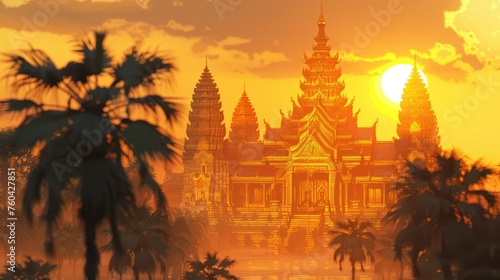 Golden Palace of the Khmer Empire at Warm Sunset in Hyperdetailed Rendering