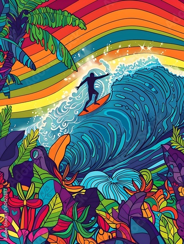 Surf Scene Vibrant Colors Line Art Design