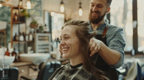 Joyful hairstylist styling woman's hair at hair salon.