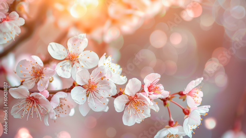 Blossoming cherry trees in spring  Spring pink cherry blossoms Sakura flower with sunlight background.