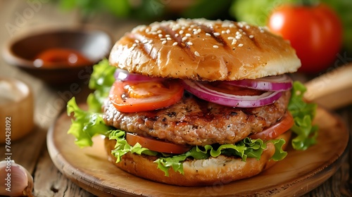 burgers that are hot on the outside, juicy on the inside. covered with burger patty, onion and lettuce and placed on the table.