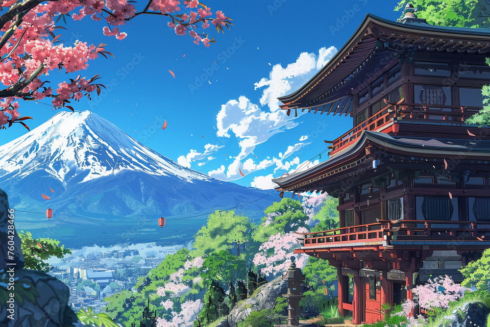 Anime scene with Mount Fuji in the background epic adventure