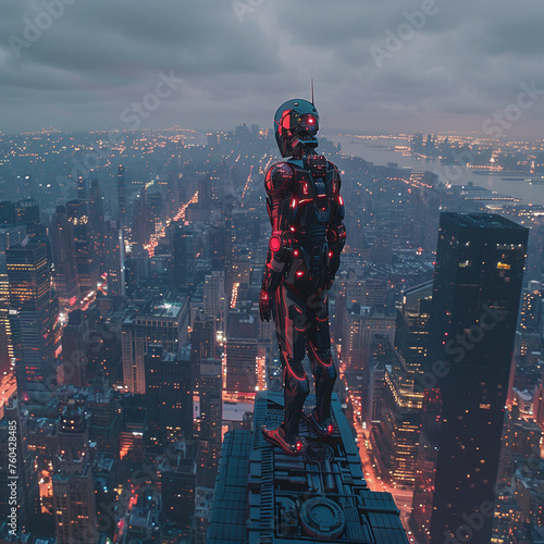 A futuristic robot stands atop a skyscraper, gazing over the sprawling cityscape as the evening lights begin to twinkle in the twilight. photo