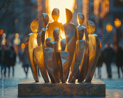 An abstract metal sculpture of stylized figures glows with the warm light of the setting sun on a bustling city street.
 photo