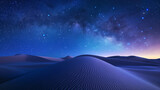 sand dunes with a bluish tint of lighting under a starry night sky with the Milky Way visible