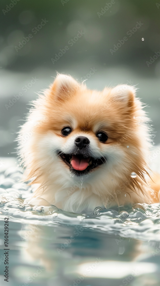 white Pomeranian lovely dog swimming on the water with tongue o