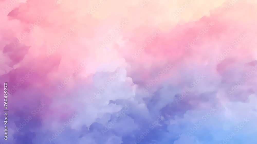 Wallpaper of watercolor painting of a sky at sunset, mostly pastel shades of pink, blue, and yellow. The clouds are thick and fluffy, and the sun is setting in the background.