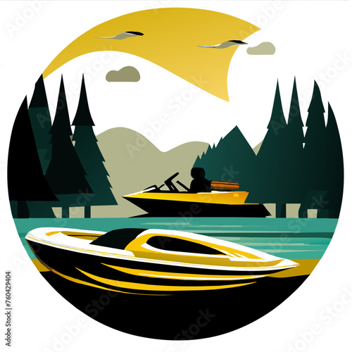 A motorboat glides across the tranquil waters of a serene lake, surrounded by lush greenery.