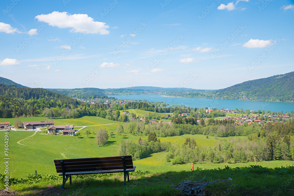 lookout place above Kleinbuch with bench, spring landscape upper bavaria