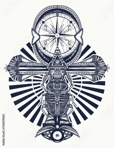 Ankh and compass tattoo. Ancient egyptian cross t-shirt design. Decorative ethnic style of Ancient Egypt.  Esoteric symbol of eternal life, key to immortality, soul, secret knowledge and magic travel