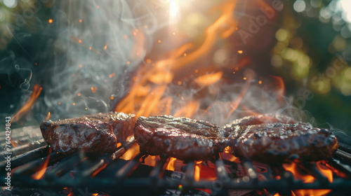 close up of a bbq with some fire and meet on the grill