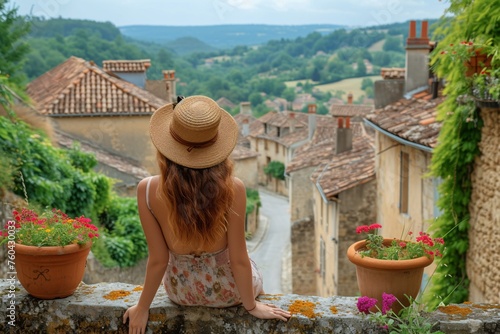 Female traveler admiring scenery of town in France.