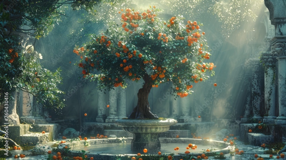 Majestic Tangerine Tree in Ancient Roman Garden Emitting a Soft Glow under Moonlight