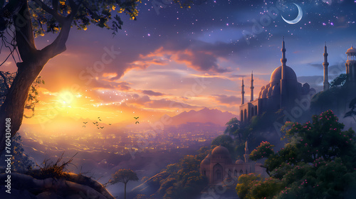 Wallpaper of beautiful landscape of a mosque with a red moon in the background with dark sky and there are stars in the sky.