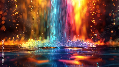 Digital art piece features an abstract rainbow waterfall cascading down with vibrant colors reflecting on the surface of the water The background is filled with bokeh lights and sparkling