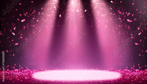 Pink confetti rain on festive stage with light beam in the middle, empty room at night mockup with copy space for award ceremony, jubilee, New Year's party or product presentations © Uuganbayar