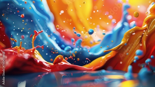 Vibrant 3D Render of Colorful Paint Splashes with Cinematic Lighting, To provide a visually stunning and unique 3D render of paint splashes that can