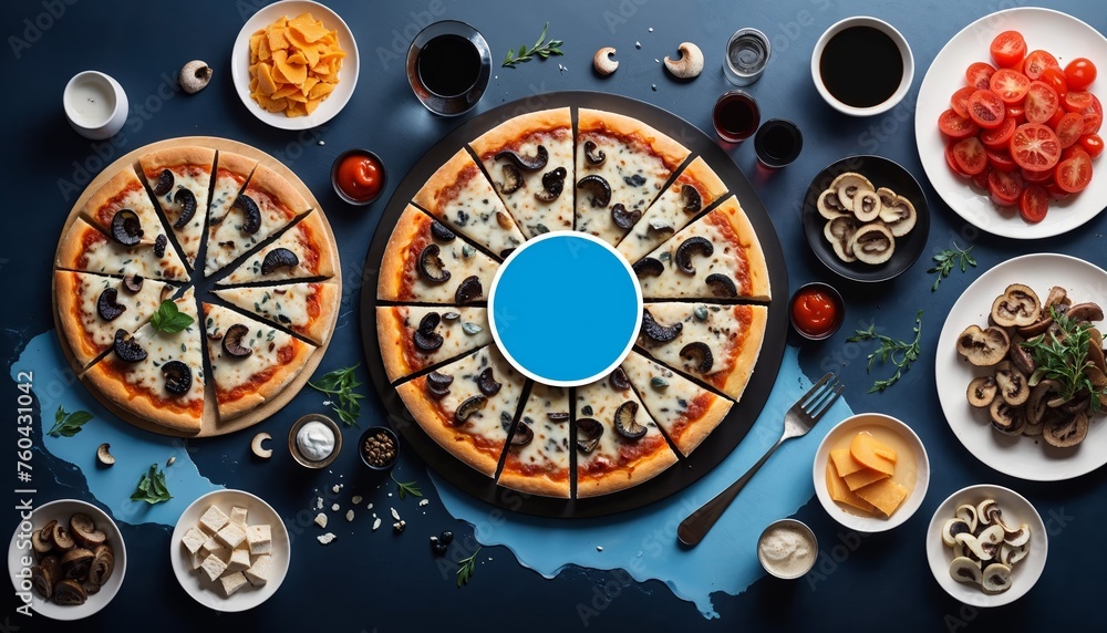 A blue circle is surrounded by three pizzas and a variety of food items. Copy space A blue circle is surrounded by three pizzas and a variety of food items. Copy space