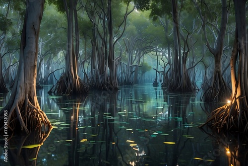 Mangrove forest at night with lights