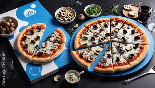 Two pizzas with mushrooms, cut into portions