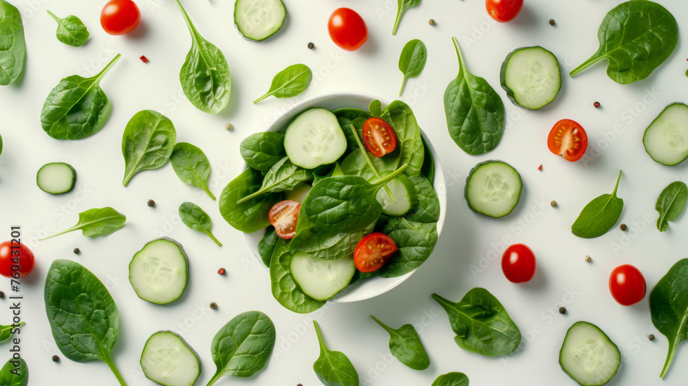 Fresh salad ingredients artistically arranged on a bright white background. Fresh salad ingredients artistically arranged on a bright white background.
