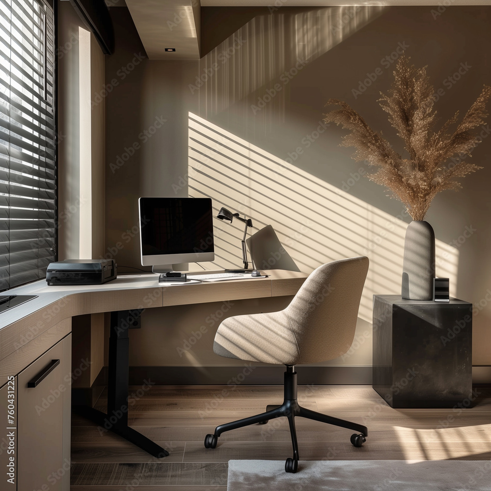 Fototapeta premium design of a workspace in the corner of a room with a modern desk, chair and computer